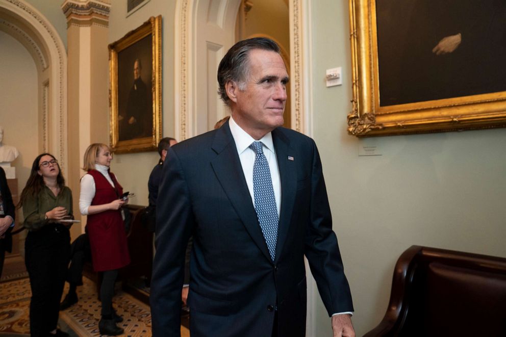 PHOTO: Sen. Mitt Romney arrives for a closed meeting with fellow Republicans about the looming impeachment trial of President Donald Trump, at the Capitol in Washington, Jan. 7, 2020.