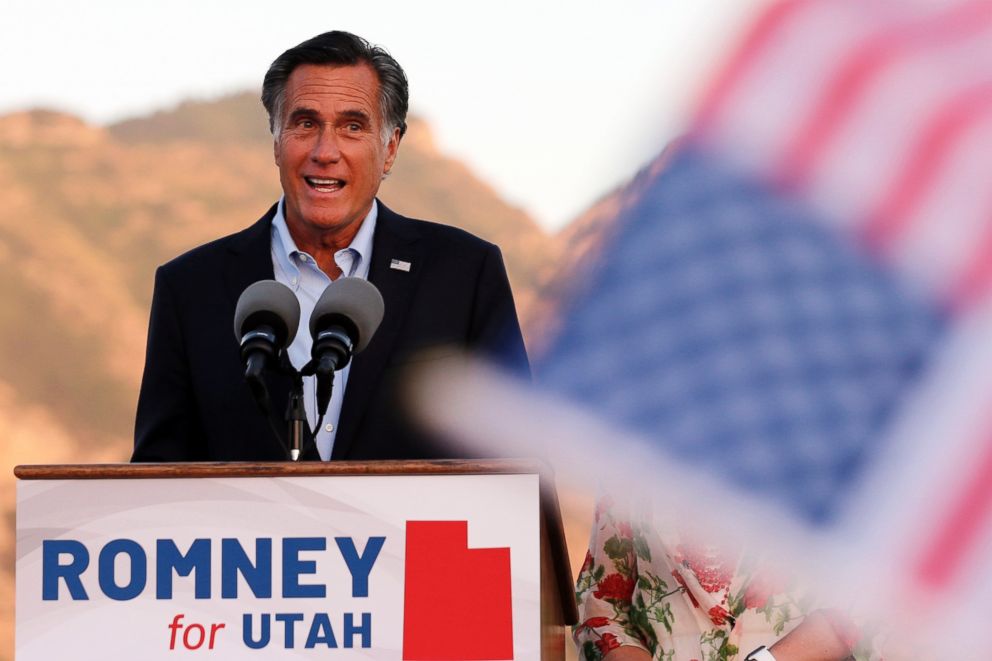 PHOTO: In this Tuesday, June 26, 2018 file photo, Mitt Romney, former GOP presidential nominee, addresses supporters at during an election night party in Orem, Utah.