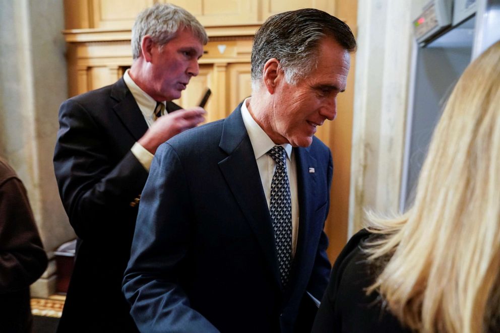 PHOTO: Sen. Mitt Romney departs after the impeachment trial of President Donald Trump ended for the day in Washington, Jan. 25, 2020.