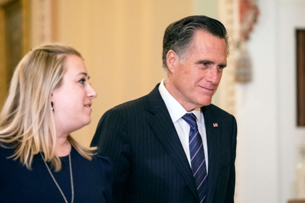 PHOTO: Sen. Mitt Romney leaves the Senate floor during a recess in the Senate impeachment trial of President Donald Trump, Jan. 30, 2020, in Washington, DC.