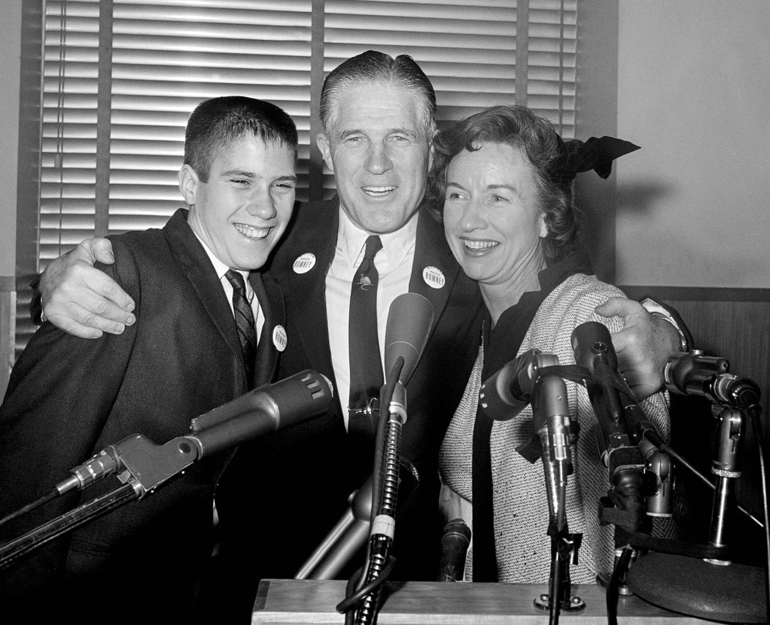 PHOTO: American politican George W. Romney (1907-1995), announces his intention to run for governor of Michigan, with his son Mitt and his wife Lenore, Feb. 10, 1962. 