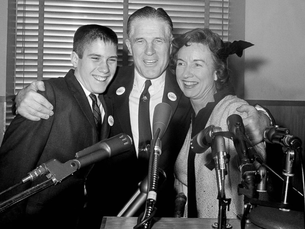 PHOTO: American politican George W. Romney (1907-1995), announces his intention to run for governor of Michigan, with his son Mitt and his wife Lenore, Feb. 10, 1962.