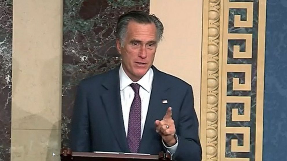 PHOTO: Sen. Mitt Romney speaks during a Senate debate session to ratify the 2020 presidential election at the Capitol, Jan. 6, 2021. 