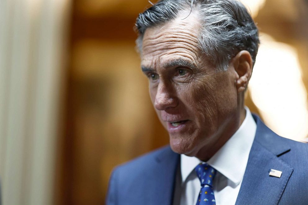 PHOTO: Sen. Mitt Romney speaks with reporters during a series of the votes at the U.S. Capitol, Feb 13, 2023, in Washington.