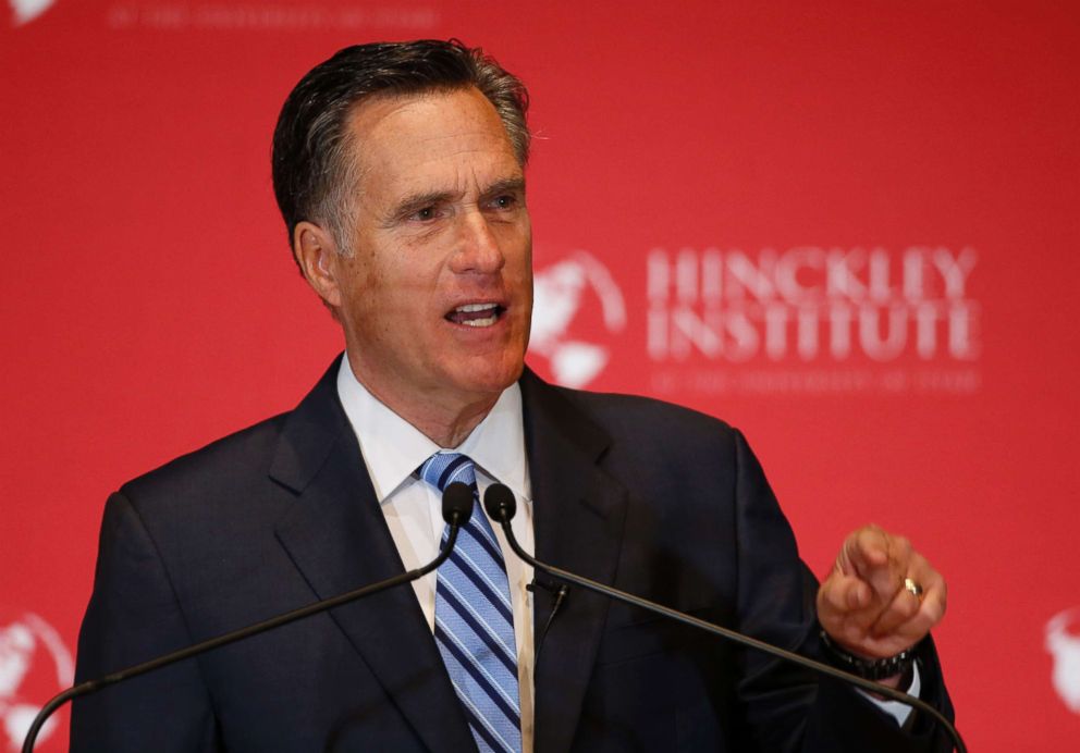 PHOTO: Former Massachusetts Gov. Mitt Romney gives a speech on the state of the Republican party at the Hinckley Institute of Politics on the campus of the University of Utah on March 3, 2016 in Salt Lake City, Utah. 