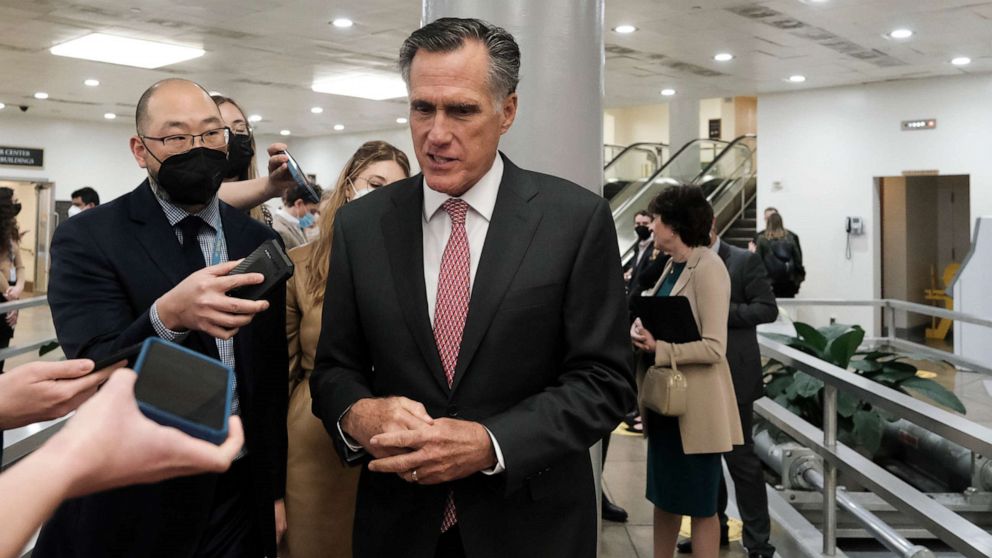 PHOTO: Sen. Mitt Romney speaks to reporters at the Capitol in Washington, D.C., on Feb. 17, 2022.