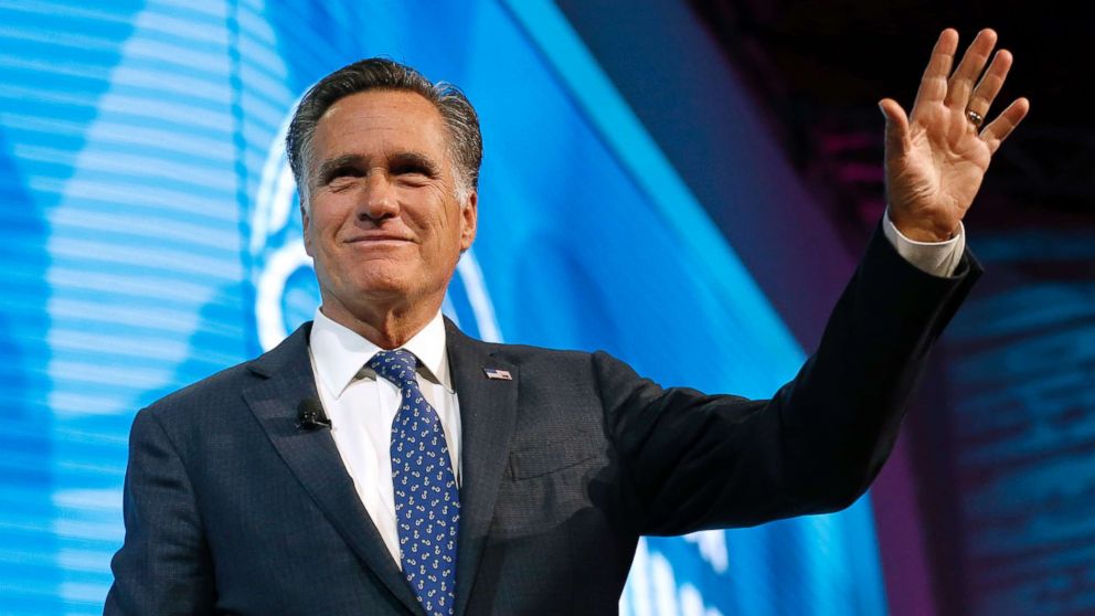 PHOTO: Former Republican presidential candidate Mitt Romney waves after speaking about the tech sector during an industry conference, in Salt Lake City, Jan. 19, 2018. 