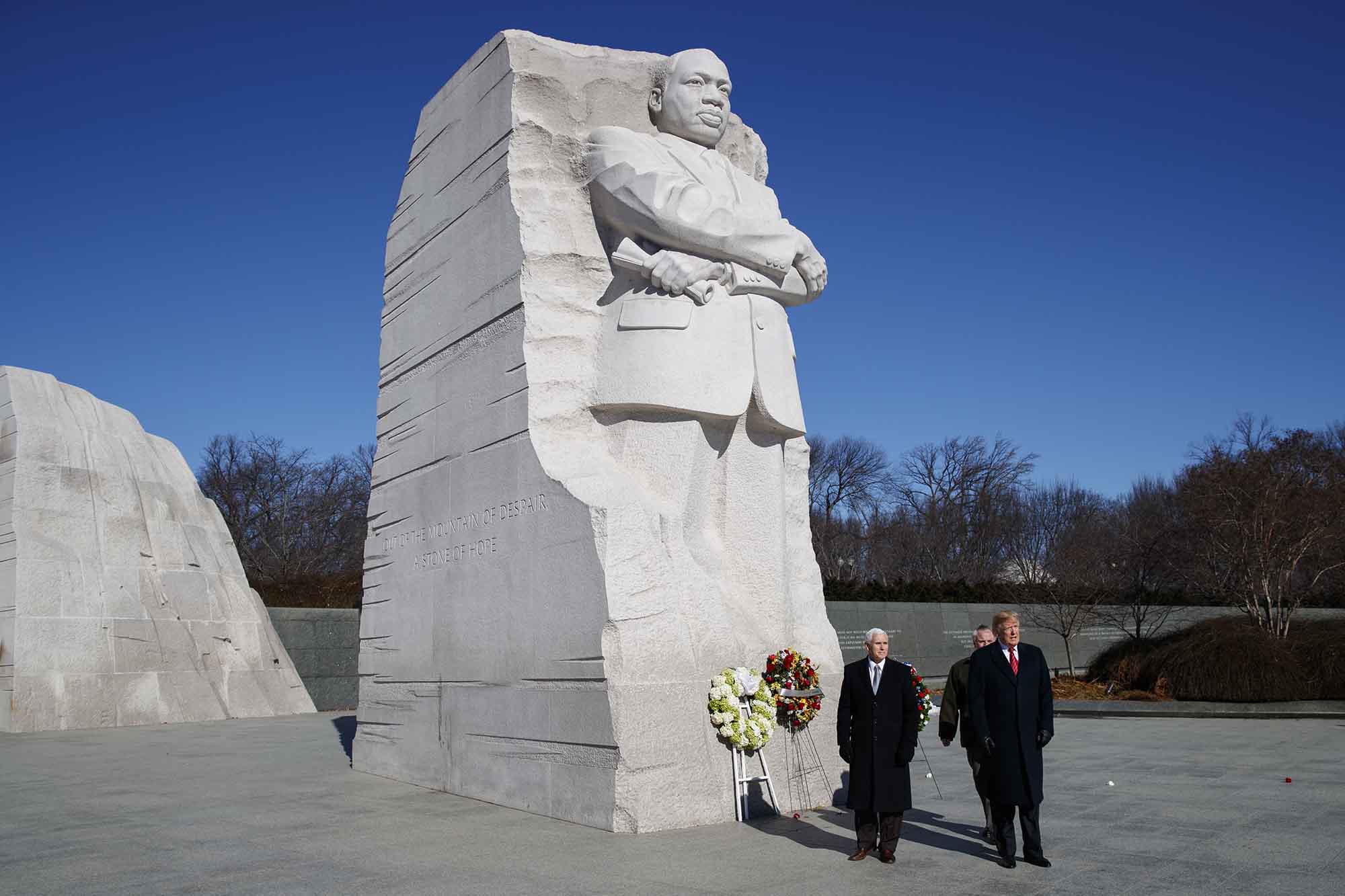PHOTO: President Donald Trump, right, and Vice President Mike Pence, left, visit the Martin Luther King Jr. Memorial, Jan. 21, 2019, in Washington D.C.