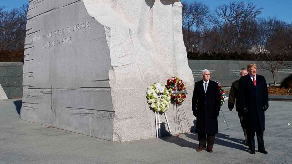 PHOTO: President Donald Trump, right, and Vice President Mike Pence, left, visit the Martin Luther King Jr. Memorial, Jan. 21, 2019, in Washington D.C.