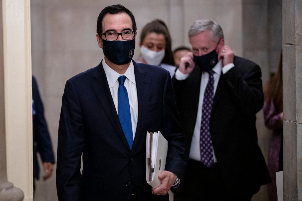 PHOTO: U.S. Treasury Secretary Steven Mnuchin leaves Nancy Pelosi's office after a meeting with Speaker Pelosi and Senate Minority Leader Chuck Schumer on the eve of the expiration of the CARES Act on July 30, 2020 in Washington.