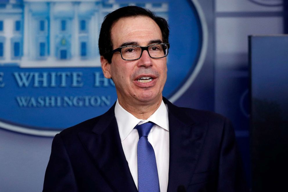 PHOTO: Treasury Secretary Steven Mnuchin speaks about the coronavirus in the James Brady Press Briefing Room at the White House, April 13, 2020, in Washington. 