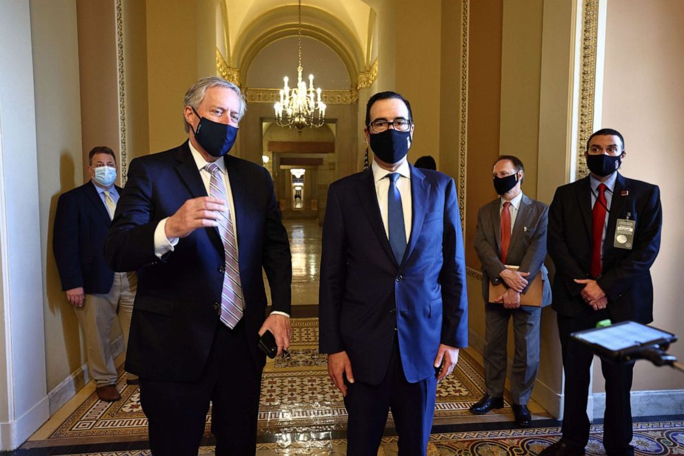 PHOTO: Chief of Staff to President Donald Trump, Mark Meadows, and Treasury Secretary Steve Mnuchin speak to the media about the next coronavirus stimulus package in the U.S. Capitol in Washington, July 23, 2020.