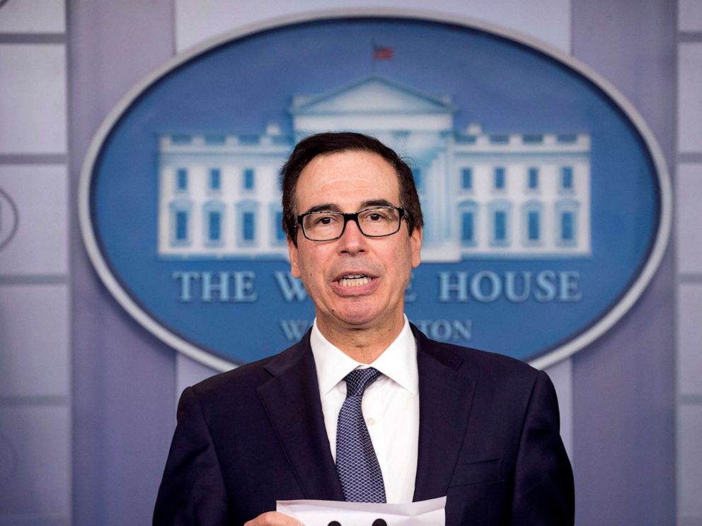 PHOTO: Treasury Secretary Steven Mnuchin speaks in the Briefing Room of the White House in Washington, Oct. 11, 2019.