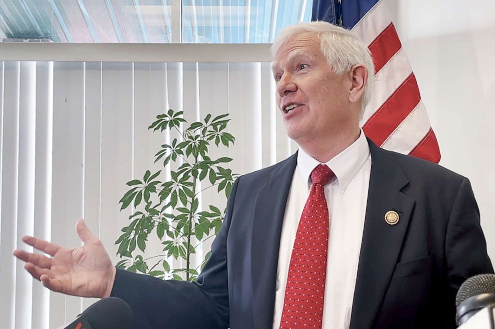 PHOTO: Rep. Mo Brooks speaks with reporters hours after former President Donald Trump rescinded his endorsement of Brooks in Alabama's Republican primary for Senate, on March 23, 2022, in Hueytown, Ala.
