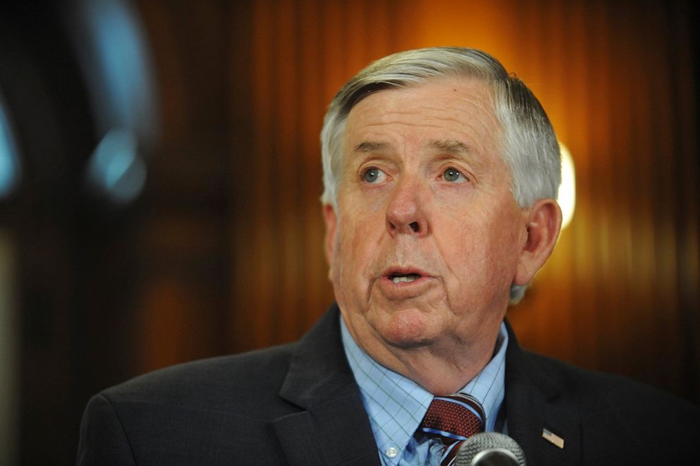 PHOTO: In this May 29, 2019 file photo, Missouri Gov. Mike Parson addresses the media during a news conference in his Capitol office in Jefferson City, Mo.