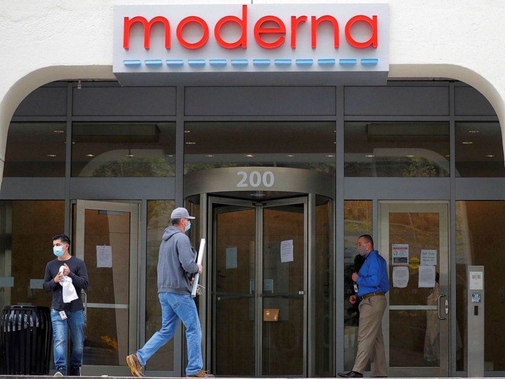 PHOTO: A sign marks the headquarters of Moderna, an American biotechnology company that is developing a vaccine against COVID-19, in Cambridge, Massachusetts, on May 18, 2020.