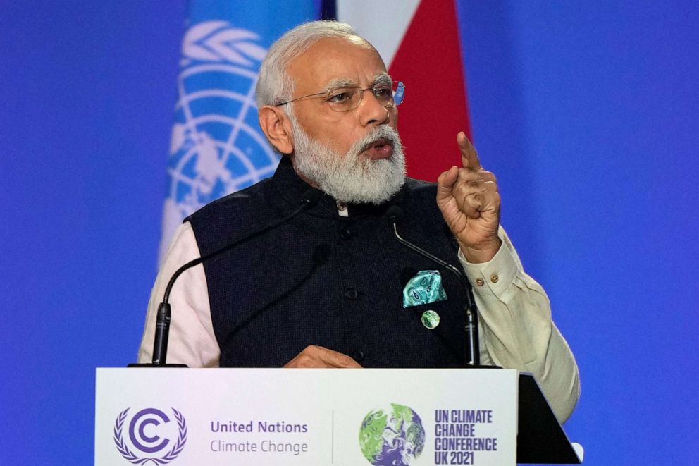 PHOTO: India's Prime Minister Narendra Modi presents his national statement as part of the World Leaders' Summit of the COP26 UN Climate Change Conference in Glasgow, Scotland, Nov. 1, 2021.