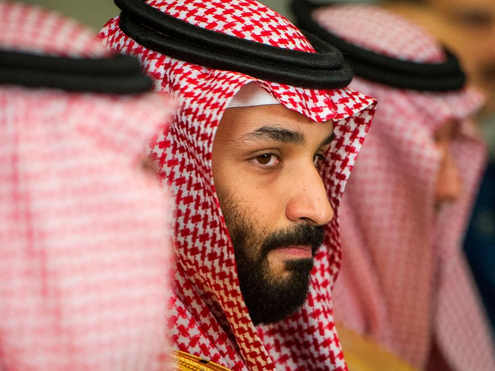 PHOTO: Saudi Crown Prince Mohammed bin Salman, center, meets with Defense Secretary Jim Mattis, not pictured, at the Pentagon in Washington, March 22, 2018.