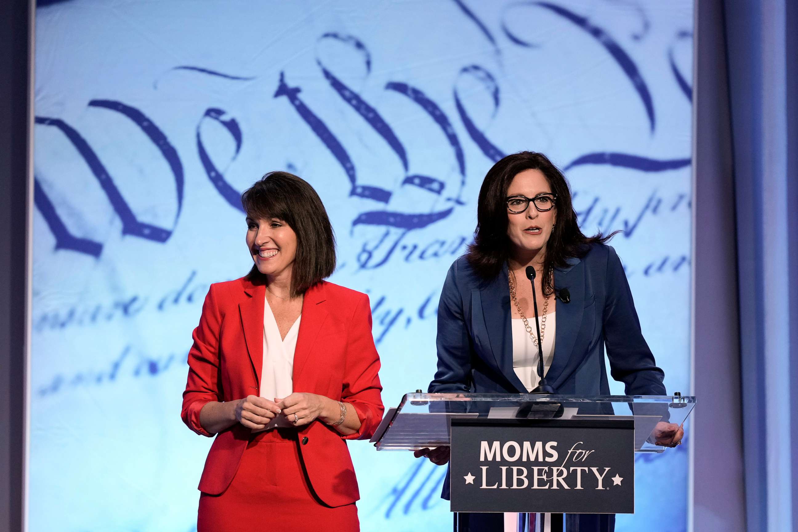 PHOTO: Moms for Liberty founders Tiffany Justice, right, and Tina Descovich speak at the Moms for Liberty meeting in Philadelphia, on June 30, 2023.