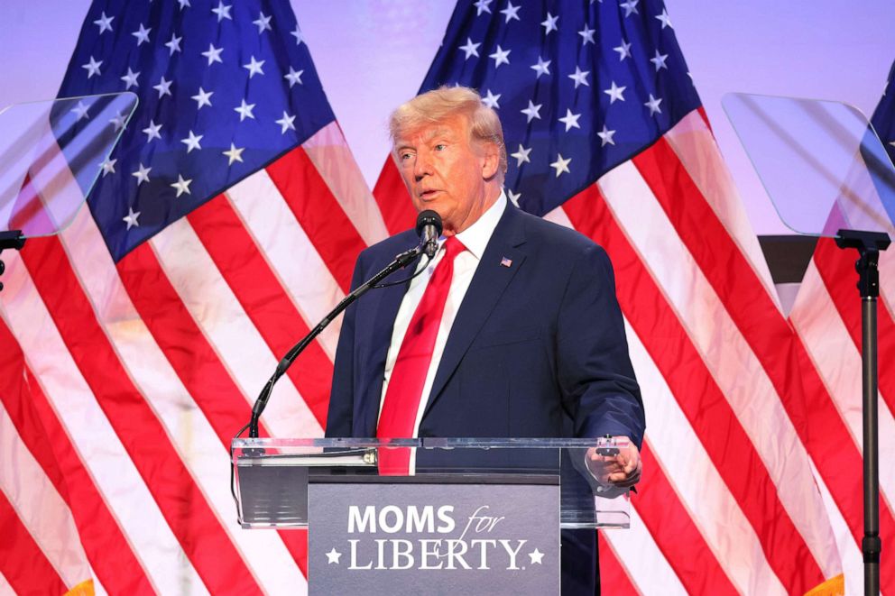 PHOTO: Former Republican President Donald Trump speaks during the Moms for Liberty Joyful Warriors National Summit at the Philadelphia Marriott Downtown, June 30, 2023, in Philadelphia.