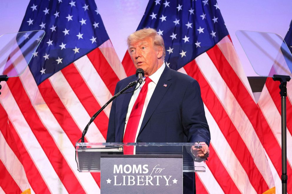 PHOTO: Republican presidential candidate former President Donald Trump speaks during the Moms for Liberty Joyful Warriors national summit at the Philadelphia Marriott Downtown, on June 30, 2023, in Philadelphia.