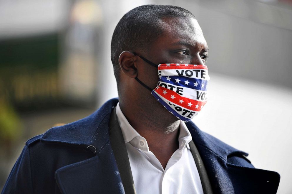 PHOTO: Democratic candidate Mondaire Jones campaigns on Election Day, Nov. 3, 2020, in Tarrytown, N.Y.