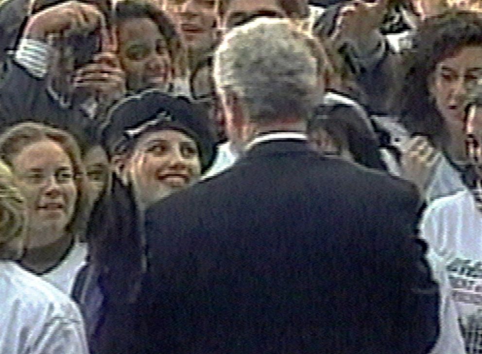 PHOTO: In this image taken from video, Monica Lewinsky smiles at President Clinton as he greets well-wishers at a White House lawn party in Washington, Nov. 6, 1996.