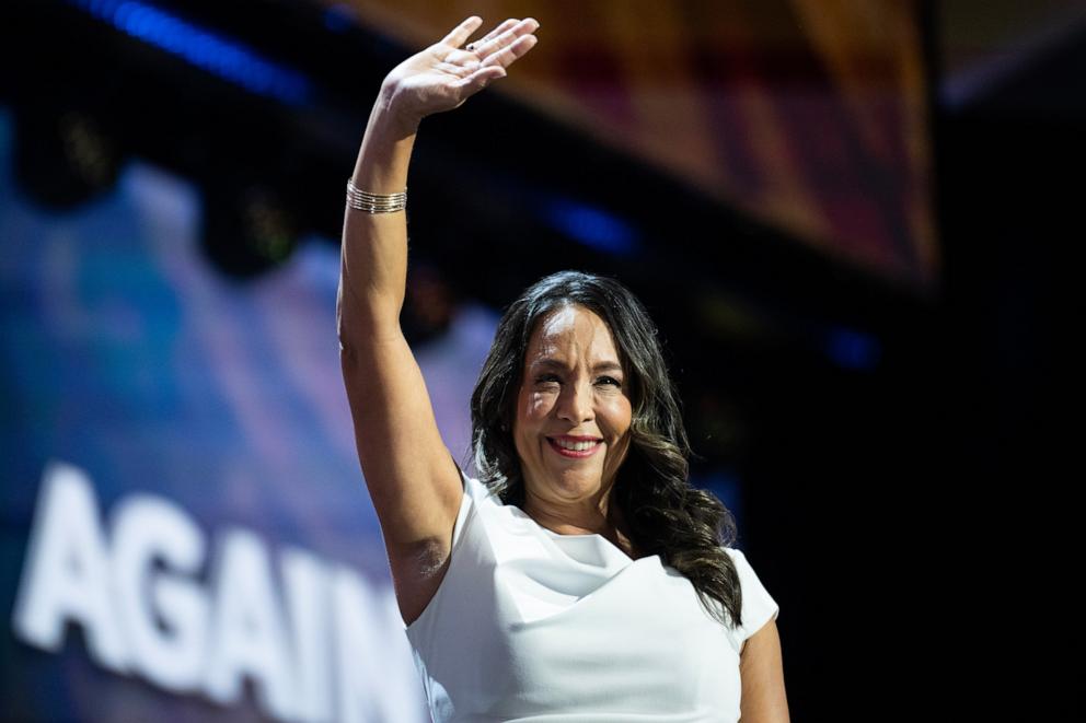 PHOTO: Rep. Monica De La Cruz, arrives to speak in the Fiserv Forum on the third night of the Republican National Convention in Milwaukee, Wis., July 17, 2024. 