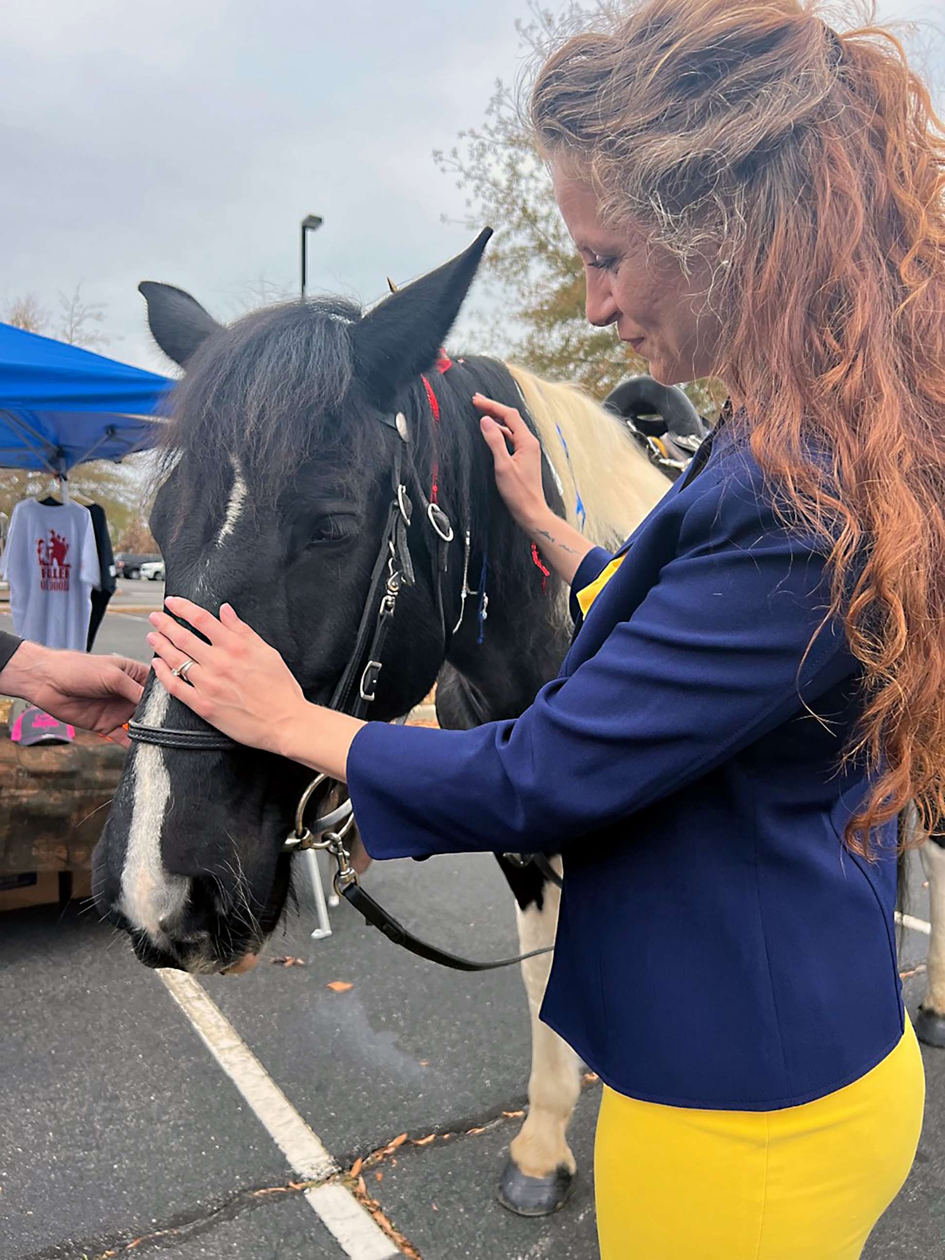 PHOTO: State Senate hopeful Monica Gary pets a horse.
