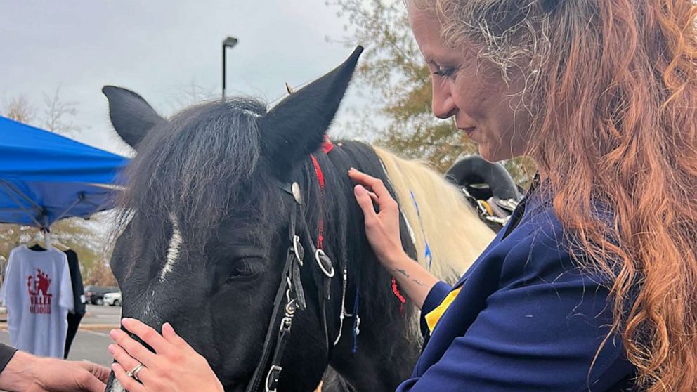 PHOTO: State Senate hopeful Monica Gary pets a horse.