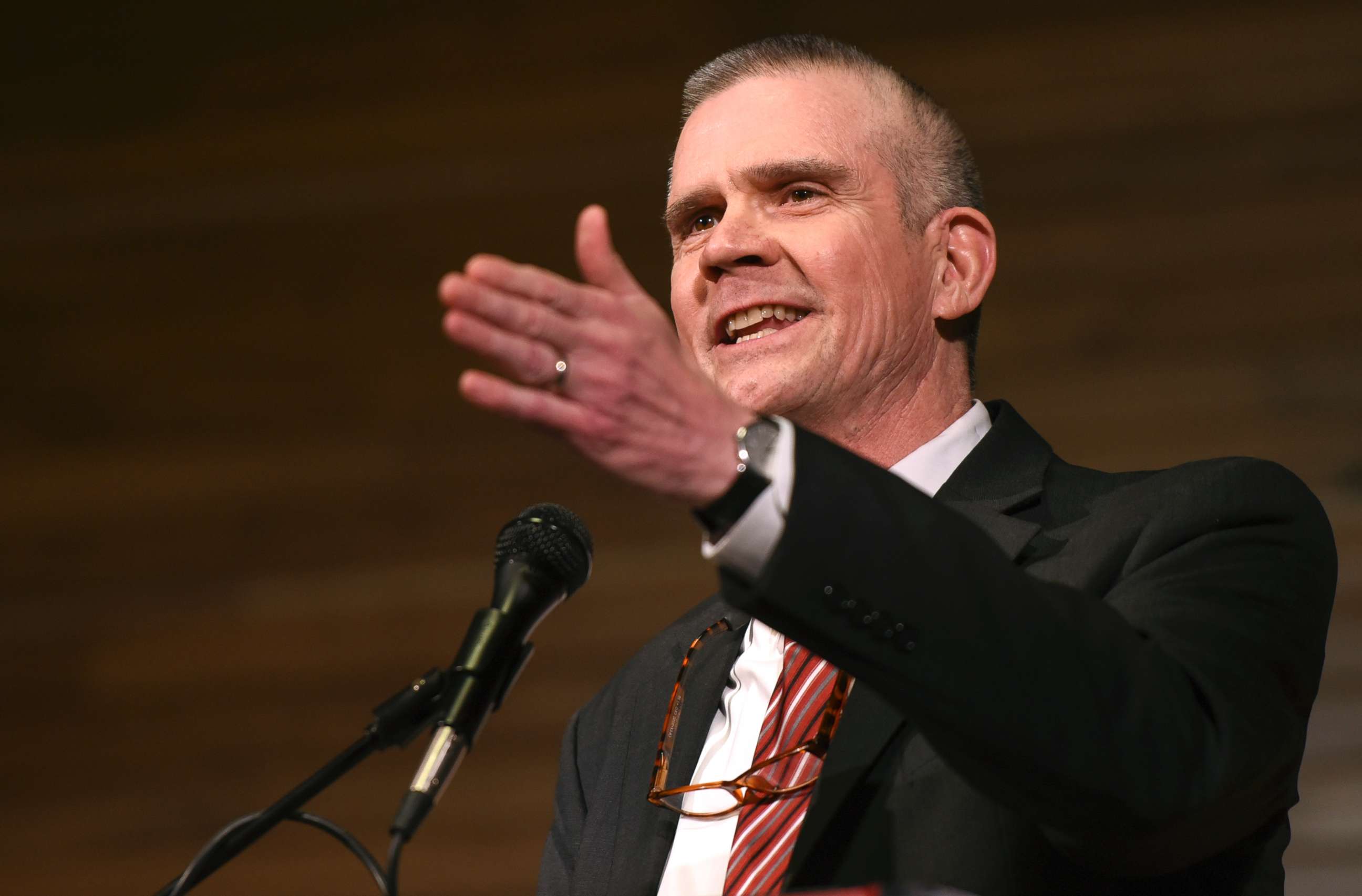 PHOTO: Matt Rosendale, a candidate for the Republican nomination to the U.S. Senate answers a question during a debate at Montana State University in Bozeman, Mont., March 22, 2018. 