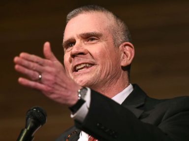 PHOTO: Matt Rosendale, a candidate for the Republican nomination to the U.S. Senate answers a question during a debate at Montana State University in Bozeman, Mont., March 22, 2018.