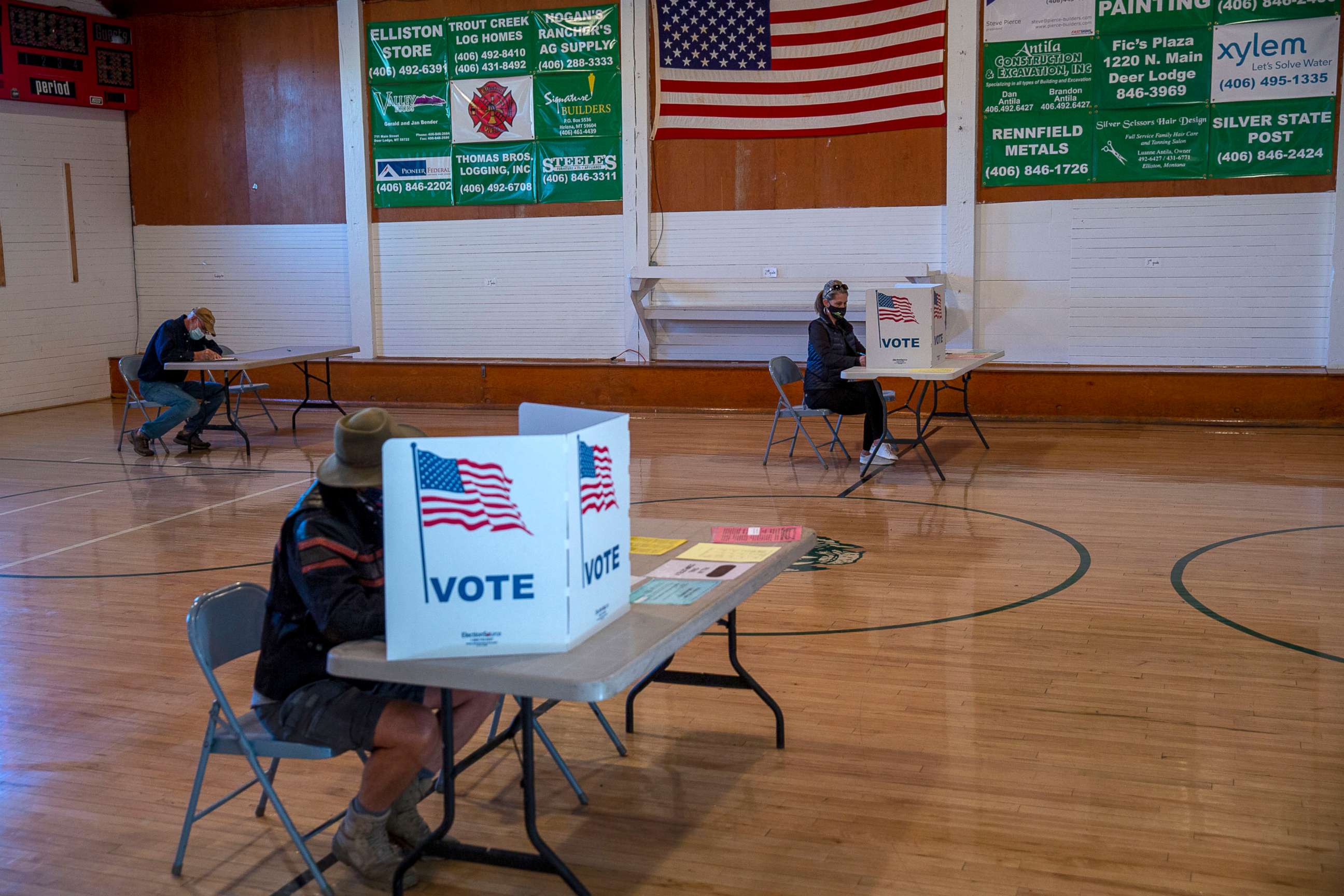 PHOTO: Voters inside the polling location in Elliston, Montana, on Election Day, November 3, 2020.