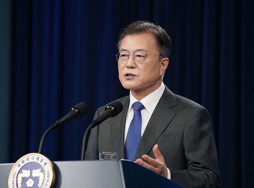 PHOTO: This handout photo released by the presidential Blue House on May 10, 2021, shows South Korean President Moon Jae-in speaking during a press conference marking the fourth anniversary of his inauguration at the presidential Blue House in Seoul.