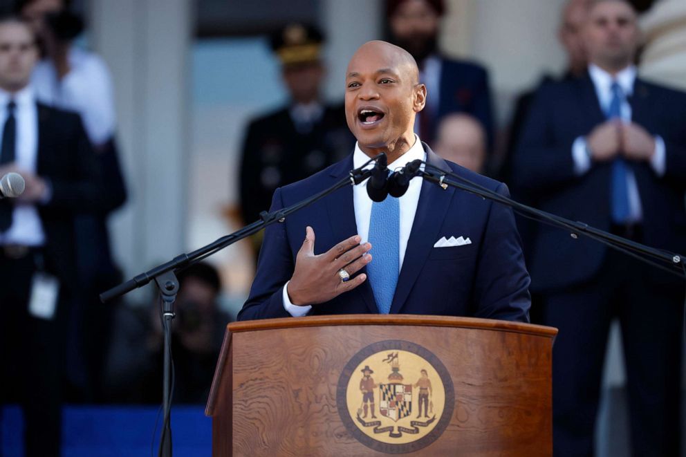 PHOTO: Maryland Governor Wes Moore delivers his inaugural address on the west side of the Maryland State House, Jan. 18, 2023, in Annapolis, Md.