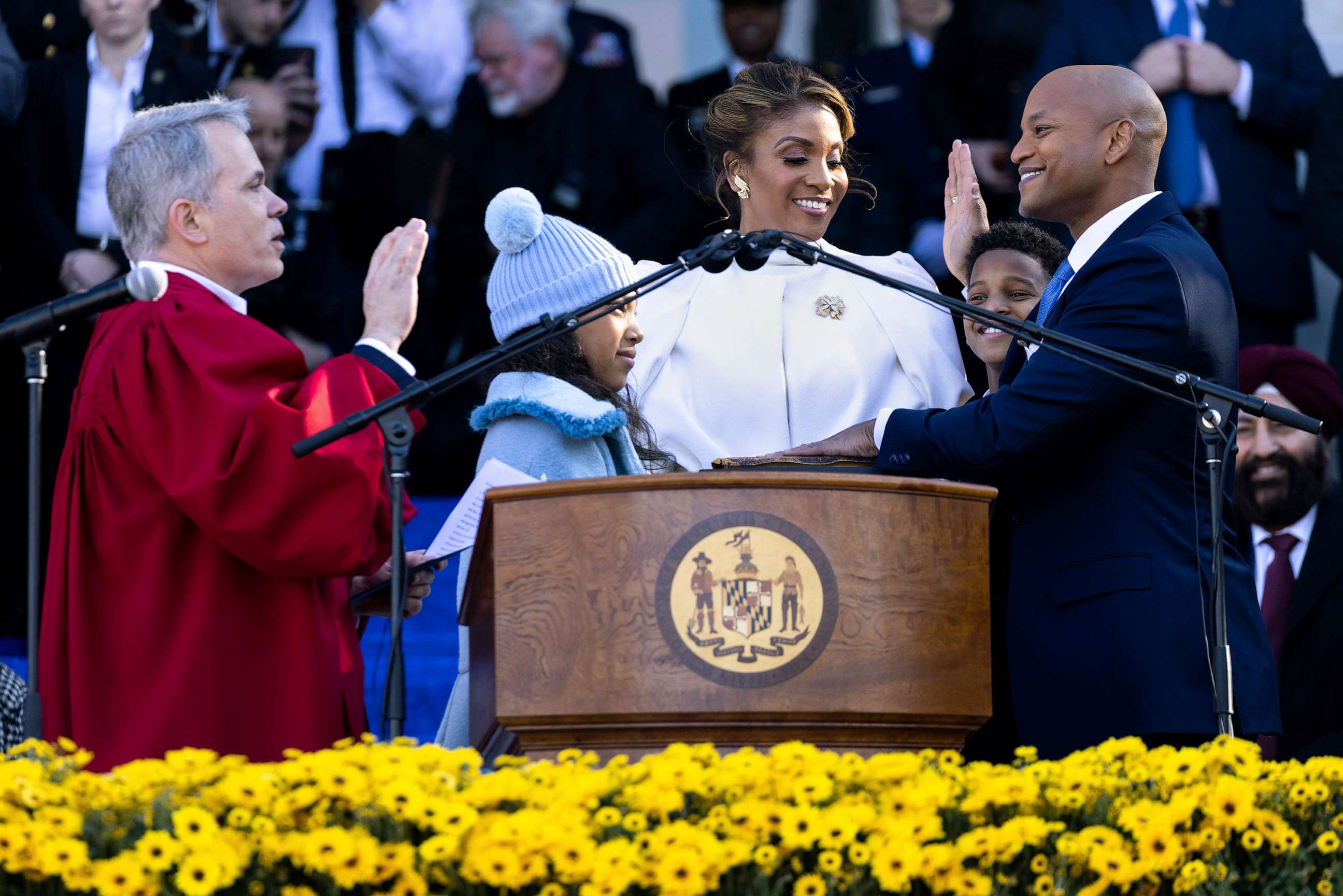 PHOTO: Wes Moore is sworn in as the 63rd governor of the state of Maryland by Maryland Supreme Court Chief Justice Matthew Fader, Jan. 18, 2023, in Annapolis, Md.