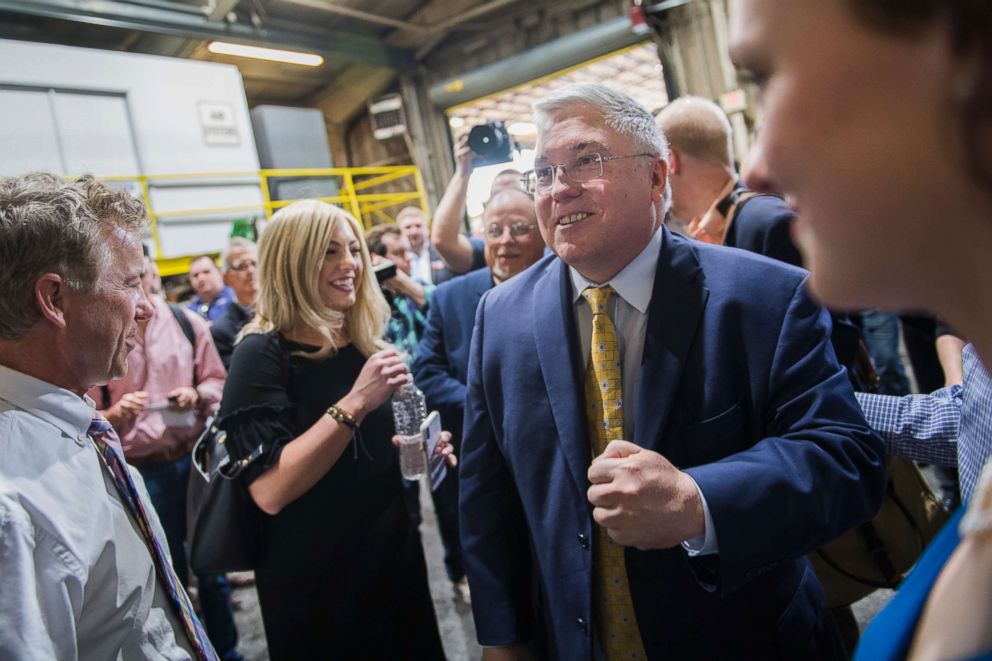 PHOTO: Patrick Morrisey, right, who is running for the Republican nomination for Senate in West Virginia, attends a campaign event with Sen. Rand Paul, R-Ky., left, at Richwood Industries in Huntington, W.Va., May 3, 2018. 