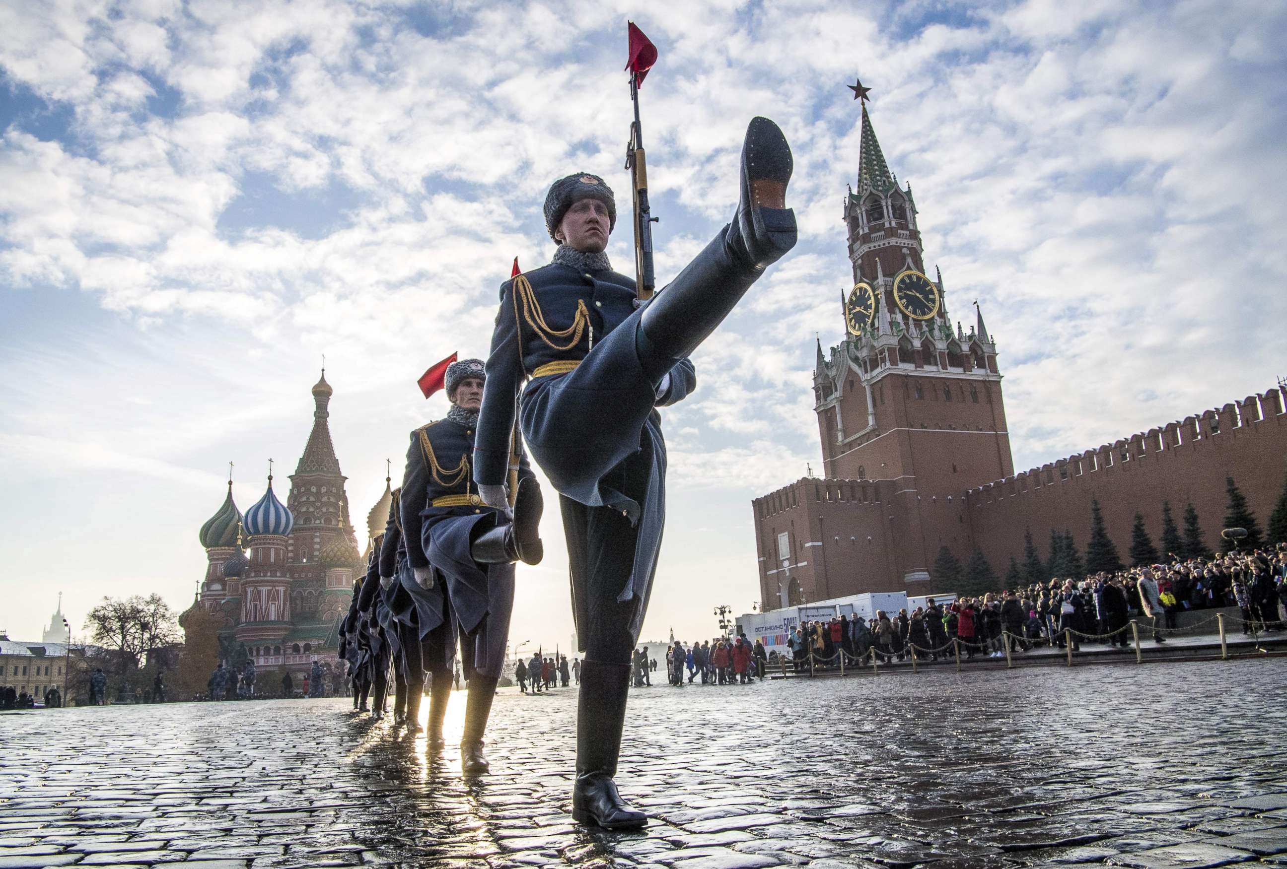 PHOTO: Russian honor guards march during ae military parade in Moscow's Red Square on Nov. 7, 2018.