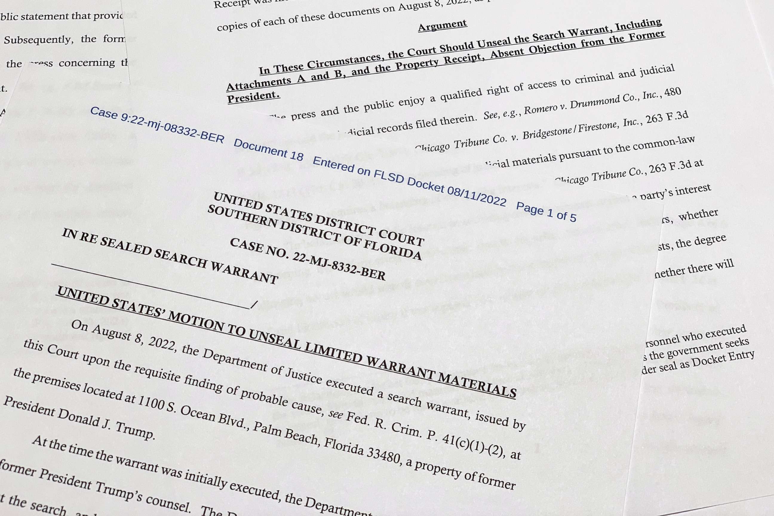 PHOTO: The motion by the Justice Department to the U.S. District Court South District of Florida to unseal the search warrant the FBI received before searching the Florida estate of former President Donald Trump, is photographed, Aug. 11, 2022.