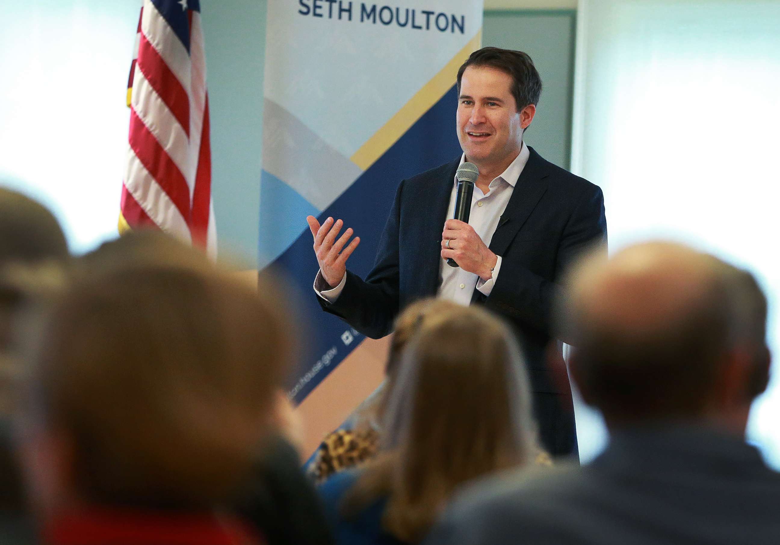 PHOTO: Massachusetts congressman and presidential candidate Seth Moulton speaks at a Town Hall event at Newburyport Senior Community Center in Newburyport, Mass., May 5, 2019. 