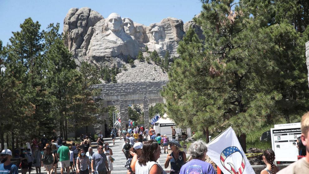 PHOTO: Tourists visit Mount Rushmore National Monument on July 01, 2020, in Keystone, S.D.
