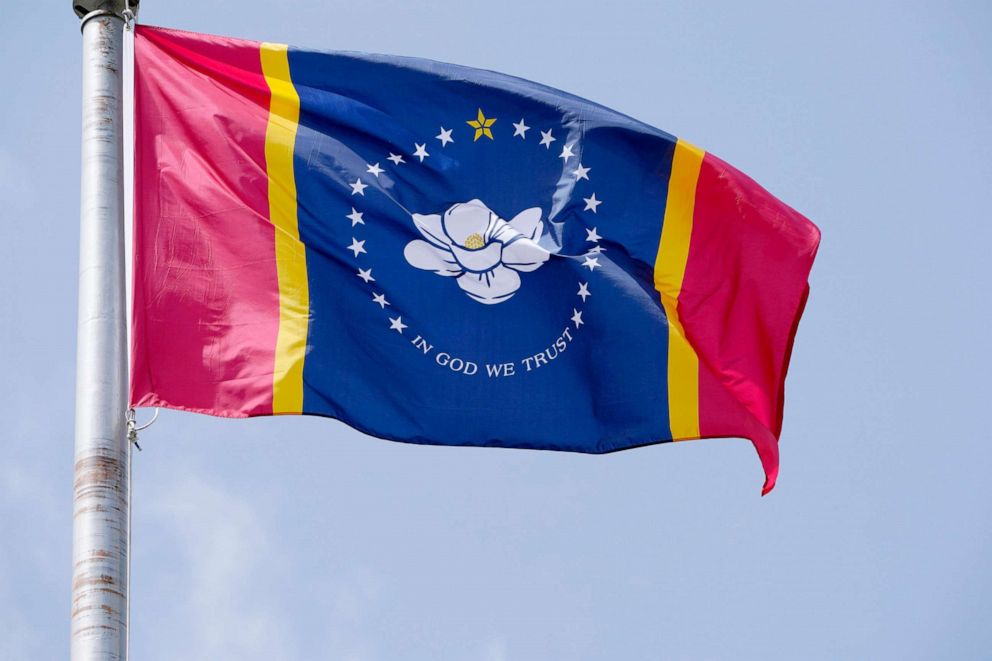 PHOTO: Mississippi's new state flag flies outside the Old State Capitol Museum in downtown Jackson, Miss., Sept. 2, 2020. The magnolia centered banner was chosen by the Mississippi State Flag Commission as the new state flag.