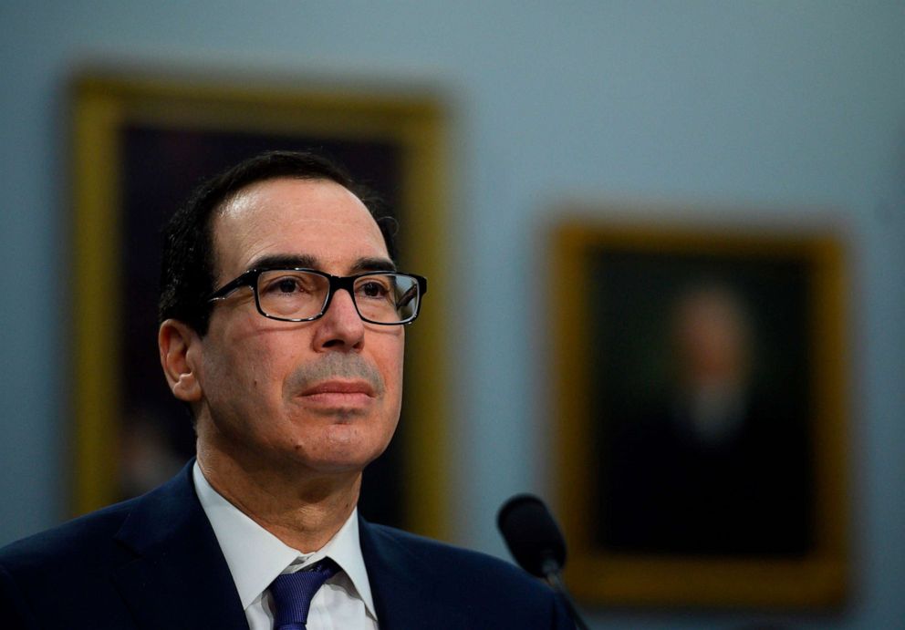 PHOTO: Treasury Secretary Steven Mnuchin speaks at a State, Foreign Operations and Related Programs Subcommittee hearing on "Department of the Treasury Budget Request for FY2021." on Capitol Hill March 11, 2020 in Washington.