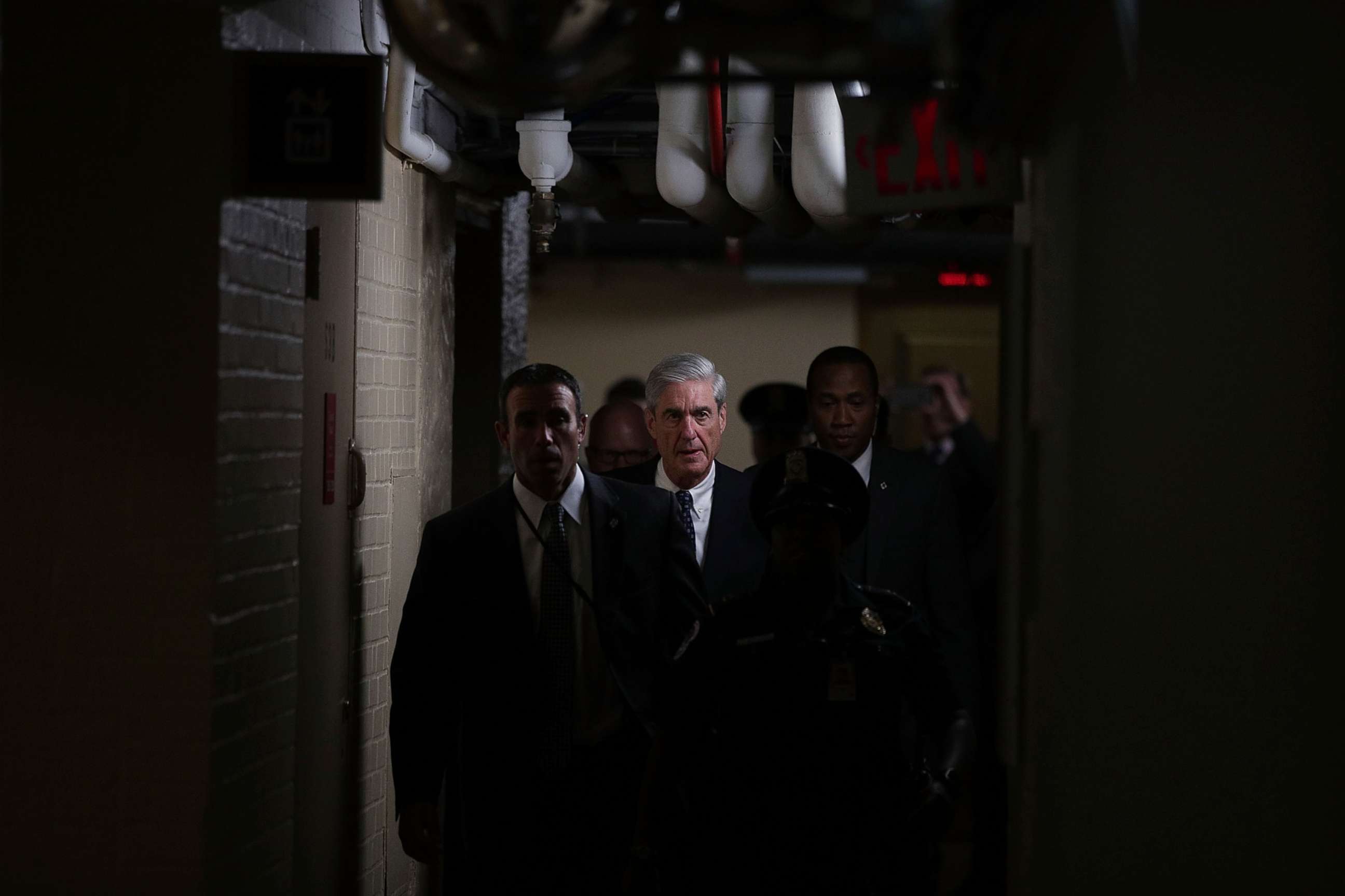 PHOTO: In this June 21, 2017, file photo, special counsel Robert Mueller, center, leaves after a closed meeting with members of the Senate Judiciary Committee at the Capitol in Washington, D.C.