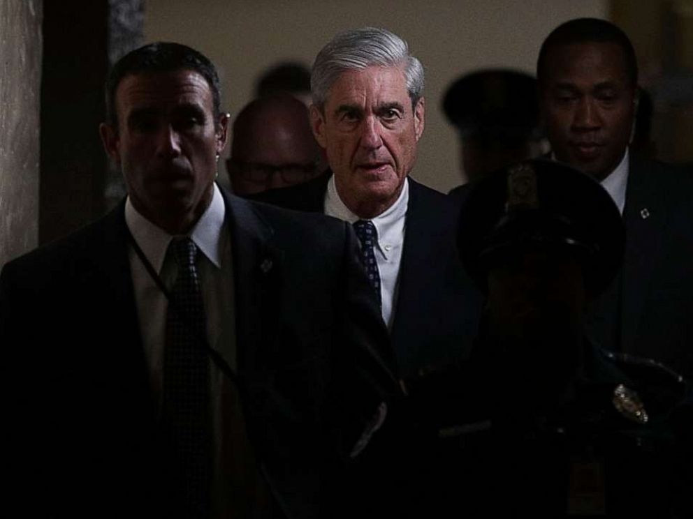 PHOTO: In this June 21, 2017, file photo, special counsel Robert Mueller, center, leaves after a closed meeting with members of the Senate Judiciary Committee at the Capitol in Washington, D.C.