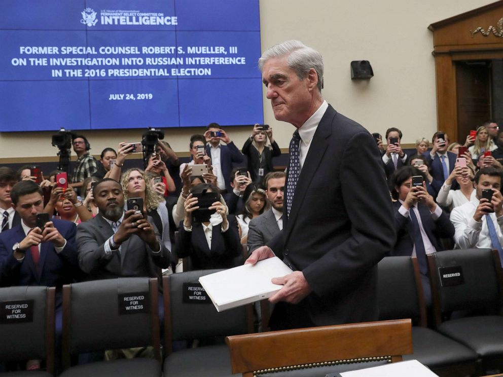 PHOTO: Former Special Counsel Robert Mueller arrives to testify before a House Intelligence Committee hearing on the Office of Special Counsels investigation election interference by Russia, in Washington, D.C., July 24, 2019.