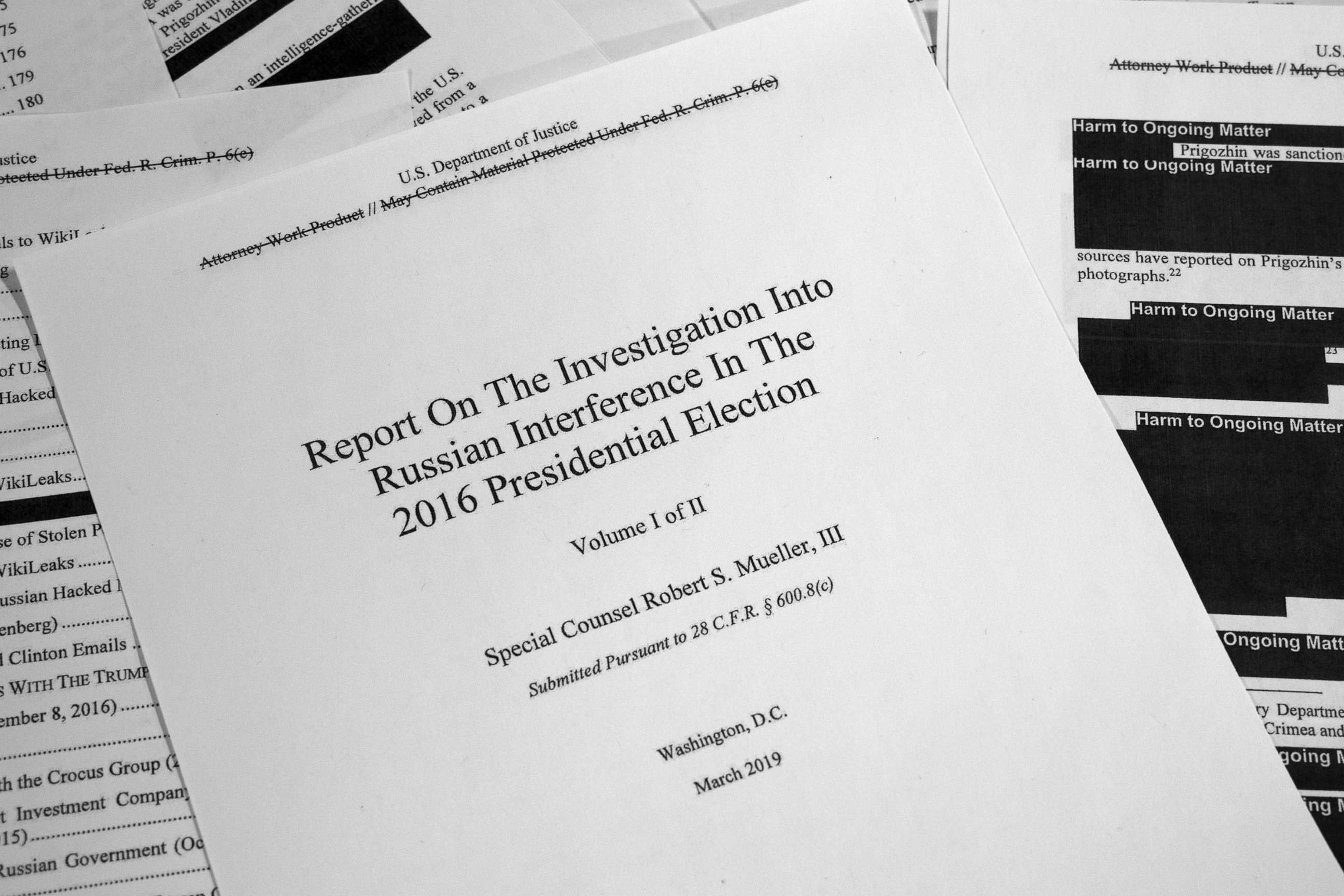 PHOTO: Special counsel Robert Mueller's redacted report on Russian interference in the 2016 presidential election as released on April 18, 2019, is photographed in Washington, D.C.