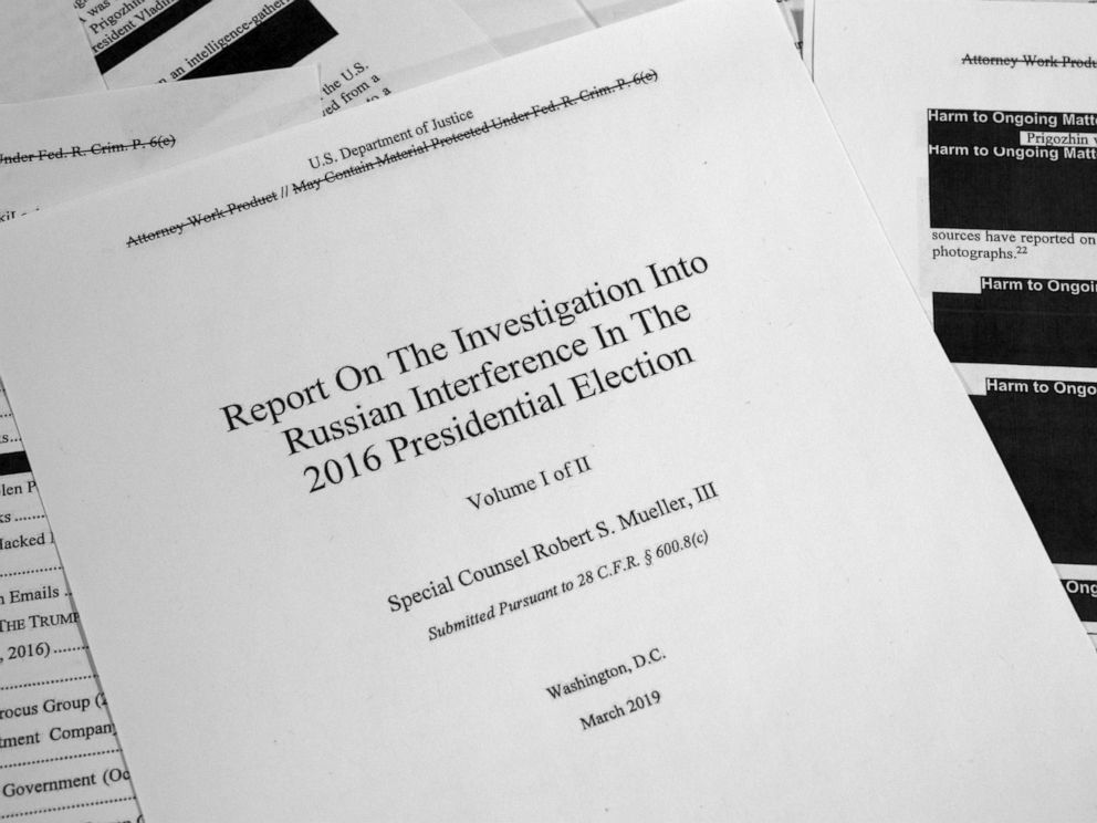 PHOTO: Special counsel Robert Muellers redacted report on Russian interference in the 2016 presidential election as released on April 18, 2019, is photographed in Washington, D.C.