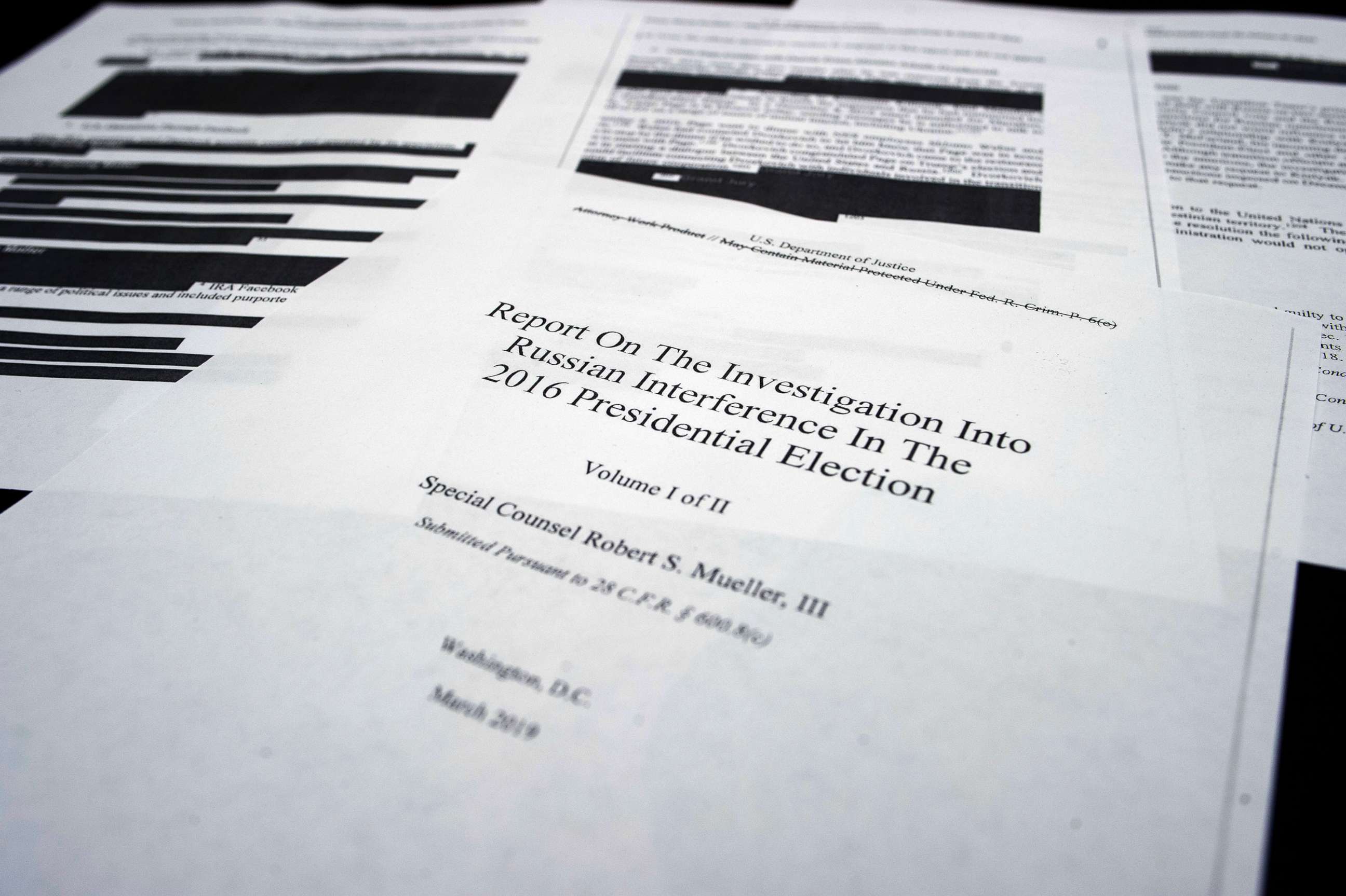 PHOTO: Pages of the special counsel Robert Mueller's redacted report on Russian interference in the 2016 presidential election released on April 18, 2019.