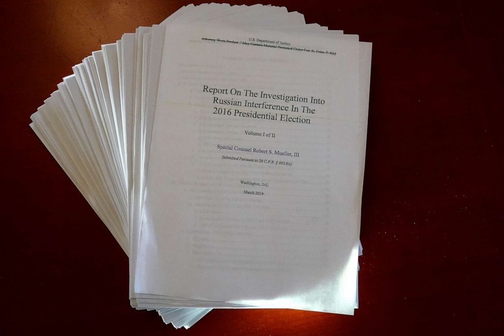 PHOTO: The Mueller Report on the Investigation into Russian Interference in the 2016 Presidential Election is pictured in New York, New York, April 18, 2019.